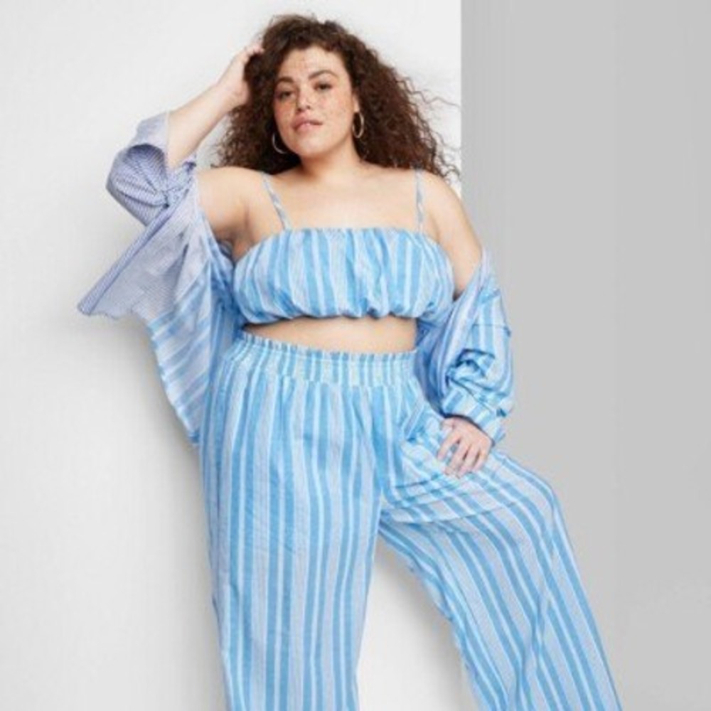 Wild Fable Blue White Striped Two Piece Set Crop Top M Wide Leg Pants XL
